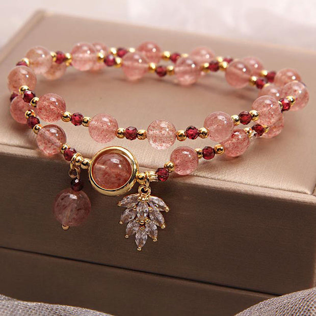 Buddha Stones Natural Strawberry Quartz Love Healing Maple Leaf Charm Double Wrap Bracelet Bracelet BS 8