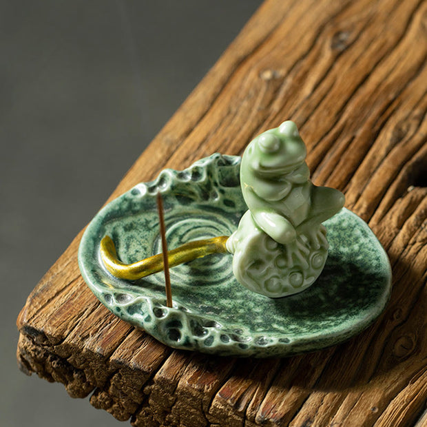 Buddha Stones Leaf Meditation Frog Pattern Healing Ceramic Incense Burner Decoration Incense Burner BS 12