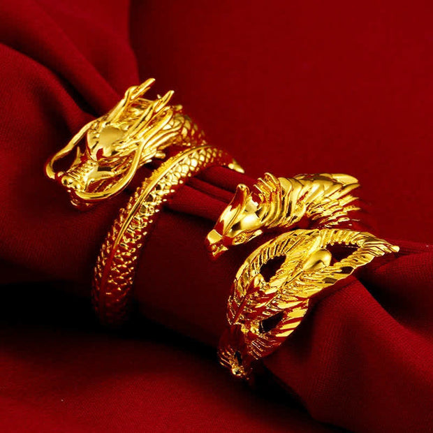 Buddha Stones Lucky Dragon Phoenix Protection Energy Adjustable Ring Ring BS 9