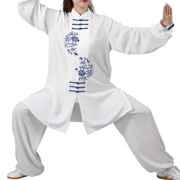Buddha Stones Flower Embroidery Meditation Prayer Spiritual Zen Tai Chi Qigong Practice Unisex Clothing Set Clothes BS 11