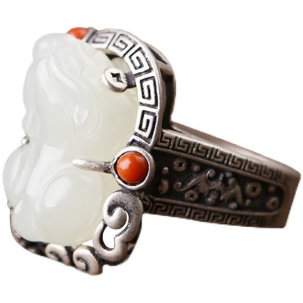 Buddha Stones 925 Sterling Silver Hetian White Jade PiXiu Luck Protection Ring Ring BS 4