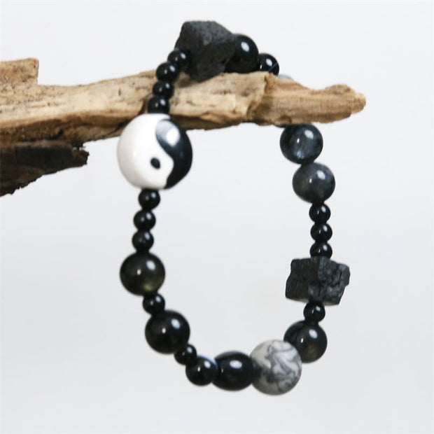Buddha Stones Black Onyx Picasso Jasper Bead Yin Yang Fortune Protection Bracelet Bracelet BS 15