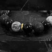 Buddha Stones Black Obsidian Lava Rock Stone Yin Yang Strength Bracelet Bracelet BS 6