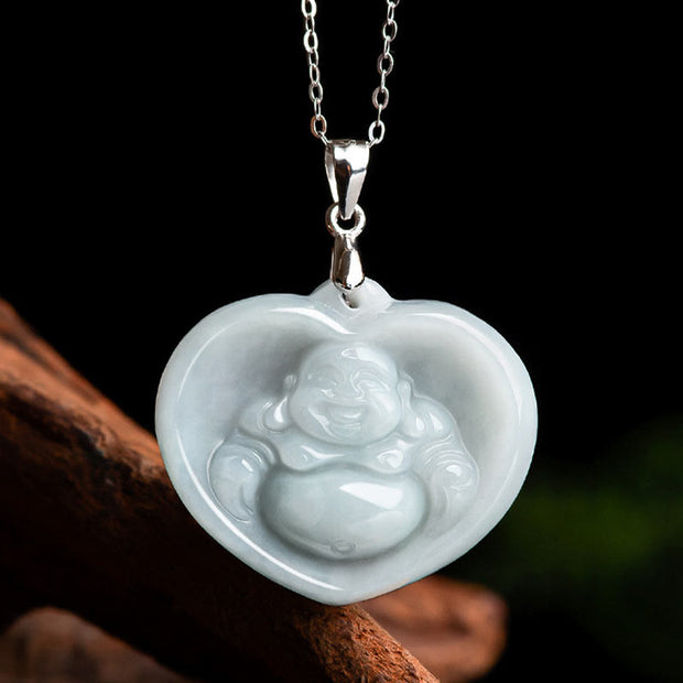 Buddha Stones 925 Sterling Silver Laughing Buddha White Jade Luck Blessing Necklace Pendant Necklaces & Pendants BS 3