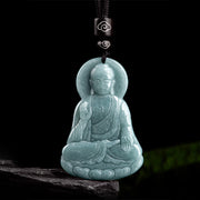 Buddha Stones Amitabha Buddha Natural Jade Lotus Amulet Compassion String Necklace Pendant Necklaces & Pendants BS 6