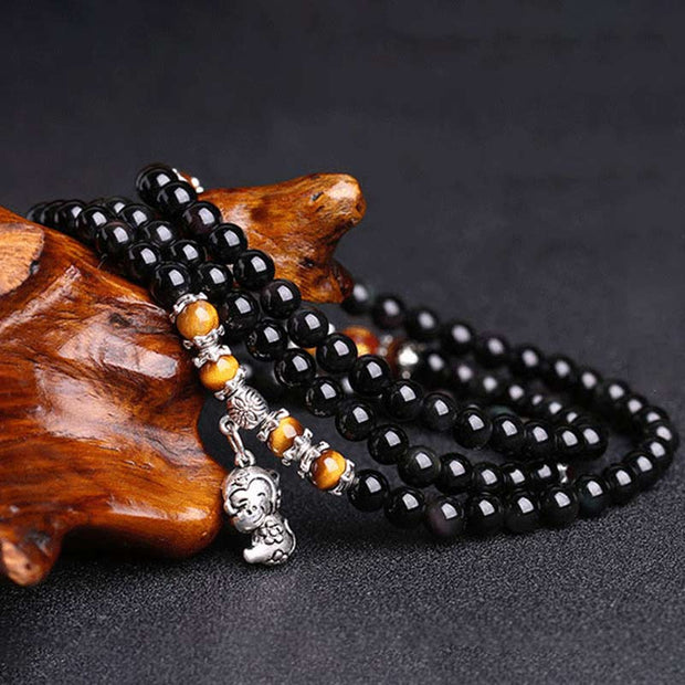 Chinese Zodiac 108 Beads Black Obsidian Tiger Eye Fortune Mala Bracelet Mala Bracelet BS 1