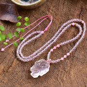 Buddha Stones Natural Pink Crystal Nine Tailed Fox Love Necklace Pendant