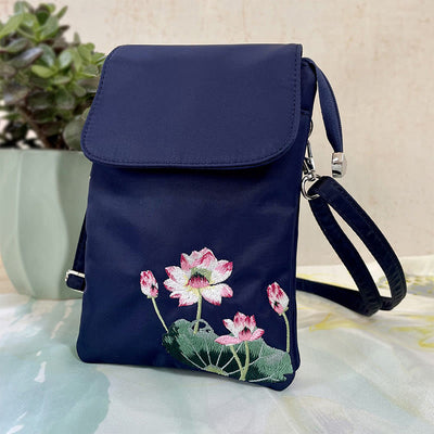 Buddha Stones Waterproof Handmade Embroidered Lotus Flowers Crossbody Bag Shoulder Bag Cellphone Bag Bag BS Blue Four Lotus