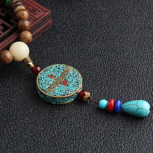 Buddha Stones Turquoise Dzi Bead Prayer Wheel Wenge Wood Meditation Necklace Necklaces & Pendants BS 1
