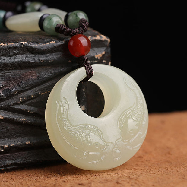 Buddha Stones White Jade Double Koi Fish Carved Prosperity Success Necklace Pendant Necklaces & Pendants BS 1