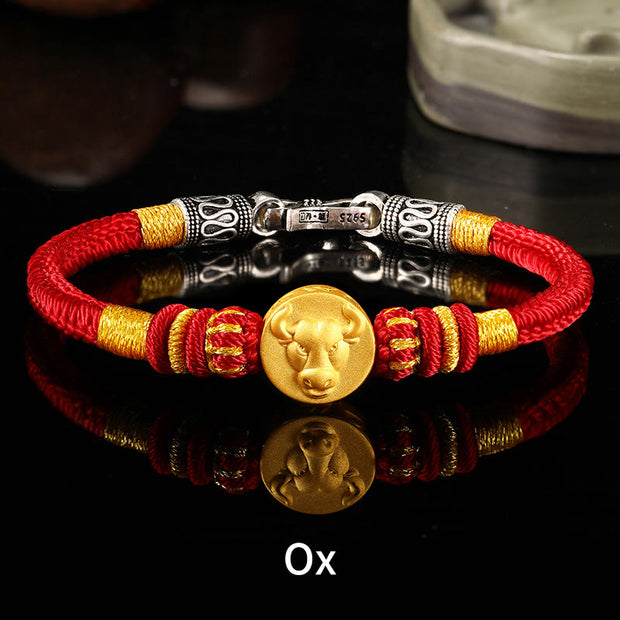Buddha Stones 999 Gold Chinese Zodiac Auspicious Matches Om Mani Padme Hum Luck Handcrafted Bracelet Bracelet BS Ox 19cm