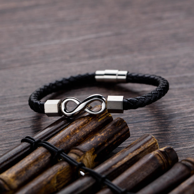 Buddha Stones Endless Knot Titanium Steel Infinity Leather Weave Balance Bracelet Bracelet BS 11