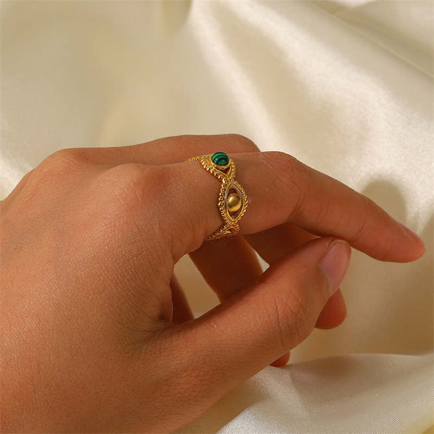 Buddha Stones 18K Gold Malachite Bead Anti-Anxiety Protection Ring