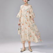 Buddha Stones 100% Mulberry Silk 6 Momme Dress Vintage Loose Lychee Fruit Tree Patttern Qipao Dress Women's Cheongsam Dress