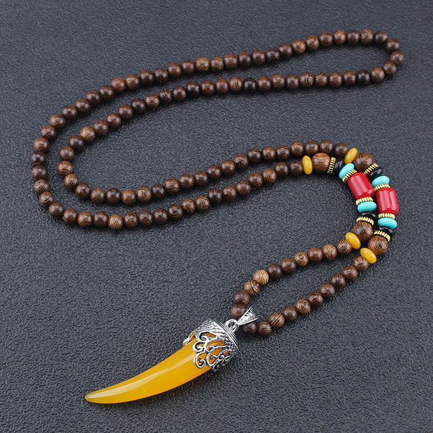 Buddha Stones Wenge Wood Turquoise Stone Horn Style Protection Meditation Necklace Pendant Necklaces & Pendants BS Yellow