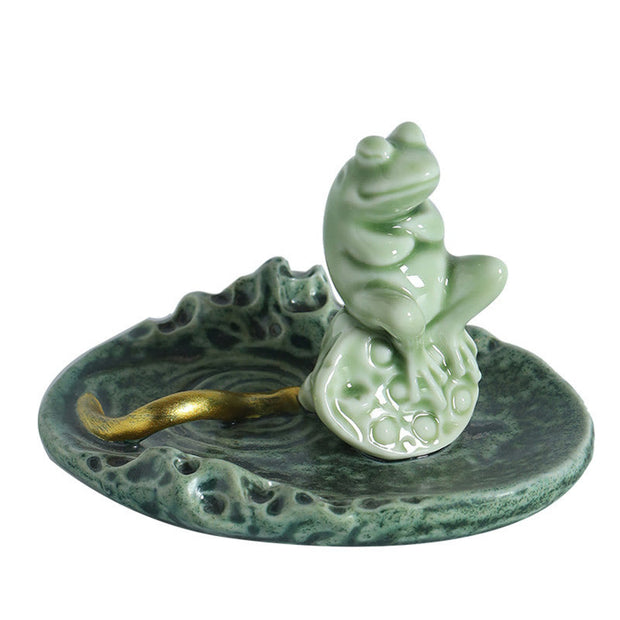 Buddha Stones Leaf Meditation Frog Pattern Healing Ceramic Incense Burner Decoration Incense Burner BS 20