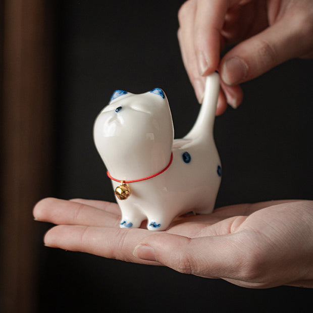 Buddha Stones Mini Lucky White Cat Kitten Tea Pet Ceramic Home Desk Figurine Decoration Decorations BS 11