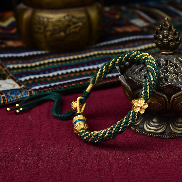 Buddha Stones Tibet Handmade Five God Of Wealth Luck Thangka Amulet Prayer Wheel Flower Charm Weave String Bracelet