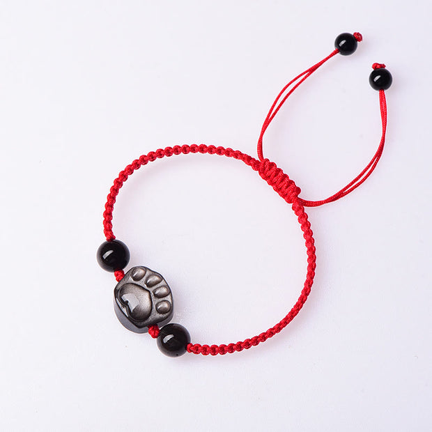 Buddha Stones Natural Silver Sheen Obsidian Gold Sheen Obsidian Cute Cat Paw Claw Protection Rope Bracelet Bracelet BS 4
