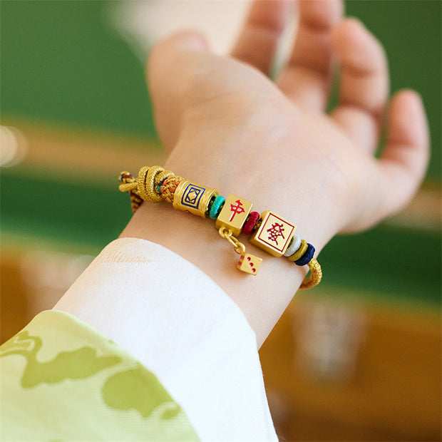 Buddha Stones Year of the Dragon Koi Fish Mahjong Dice Peach Blossoms Copper Coin Luck Braided Bracelet Bracelet BS Mahjong Dice(Wrist Circumference 14-23cm)