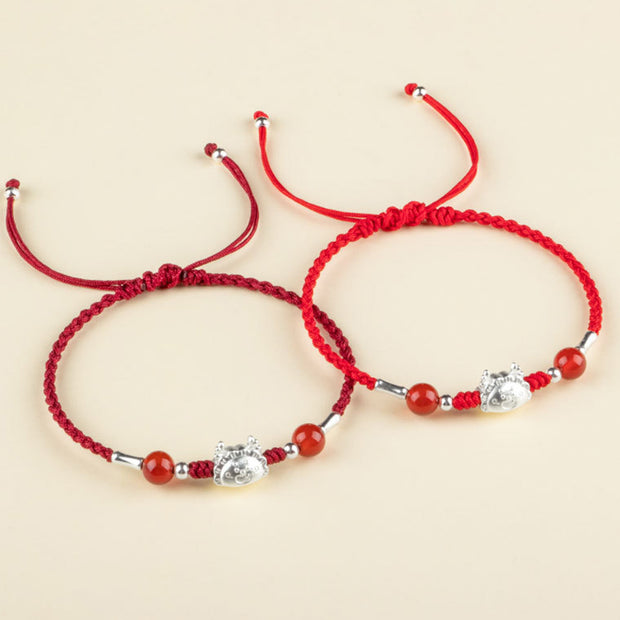 Buddha Stones 999 Sterling Silver Year of the Dragon Fu Character Dumpling Red Agate Luck Handcrafted Bracelet (Extra 30% Off | USE CODE: FS30)