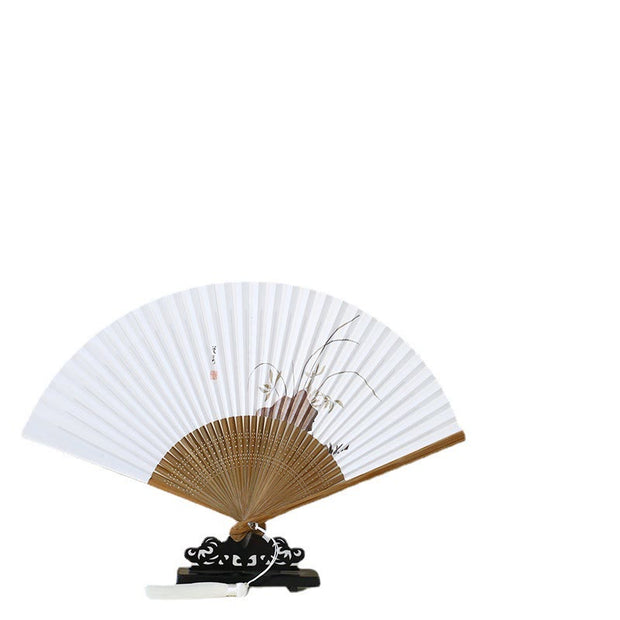 Buddha Stones Bird Flowers Orchid Handheld Paper Bamboo Folding Fan