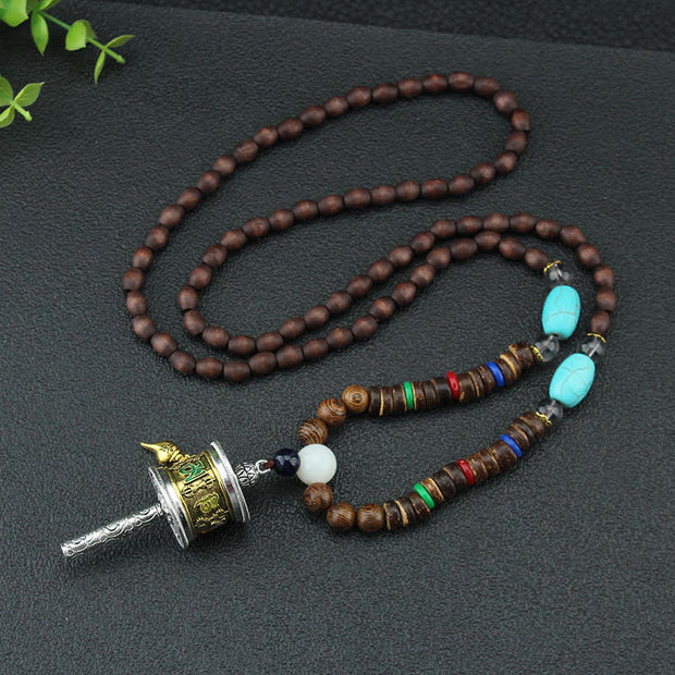 Buddha Stones Tibetan Om Mani Padme Hum Prayer Wheel Rotation Vajra Wood Necklace Pendant Necklaces & Pendants BS 4