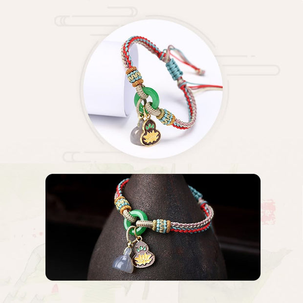 Buddha Stones Colorful Rope Chalcedony Lotus Jade Peace Buckle Harmony Gourd Charm Bracelet Bracelet BS 7