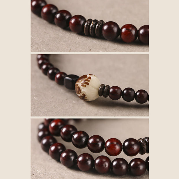 Buddha Stones Small Leaf Red Sandalwood Lotus Bodhi Seed Carved Protection Double Wrap Bracelet