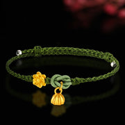 Buddha Stones Handmade 999 Gold Lotus Flower Pod New Beginning Braid String Bracelet Bracelet BS Green Gold Lotus 23cm