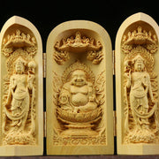 Buddha Stones Hand-carved Portable Buddha Boxwood Serenity Home Decoration Altar Prayer Altar BS Maitreya Buddha