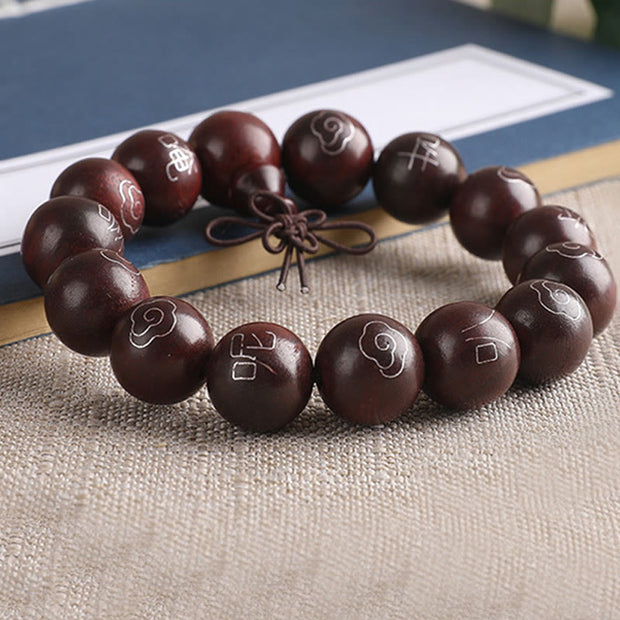 Buddha Stones 925 Sterling Silver Inlaid Small Leaf Red Sandalwood Om Mani Padme Hum Character Auspicious Clouds Protection Bracelet Bracelet BS 11
