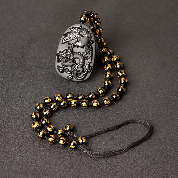 Buddha Stones Black Obsidian Tiger Eye Dragon Phoenix Protection Beaded Necklace Pendant Necklaces & Pendants BS Obsidian Gold Retractable Bead String
