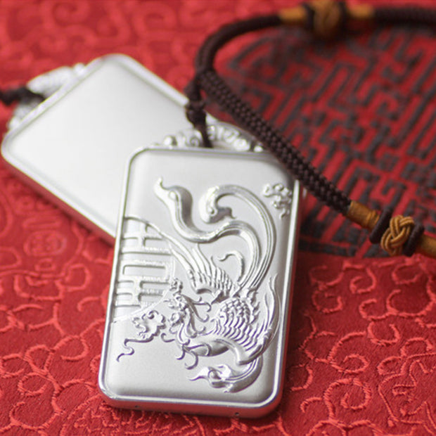 Buddha Stones 999 Sterling Silver Dragon Phoenix Double Happiness Luck Necklace Pendant