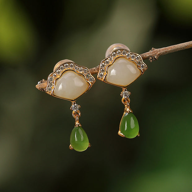 Buddha Stones White Jade Cyan Jade Fan Water Drop Pattern Luck Drop Earrings Earrings BS White Jade&Cyan Jade