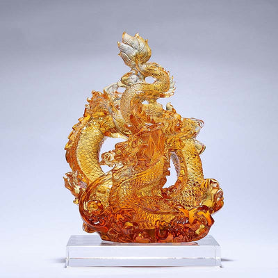 Buddha Stones Year of the Dragon Handmade Liuli Crystal Art Piece Protection Home Office Decoration With Base Decorations BS Large Yellow Dragon 20*15*28cm/7.87*5.91*11.02Inch