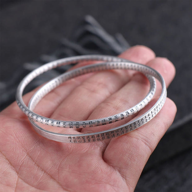 Buddha Stones 999 Sterling Silver Heart Sutra Carved Protection Bracelet Bangle