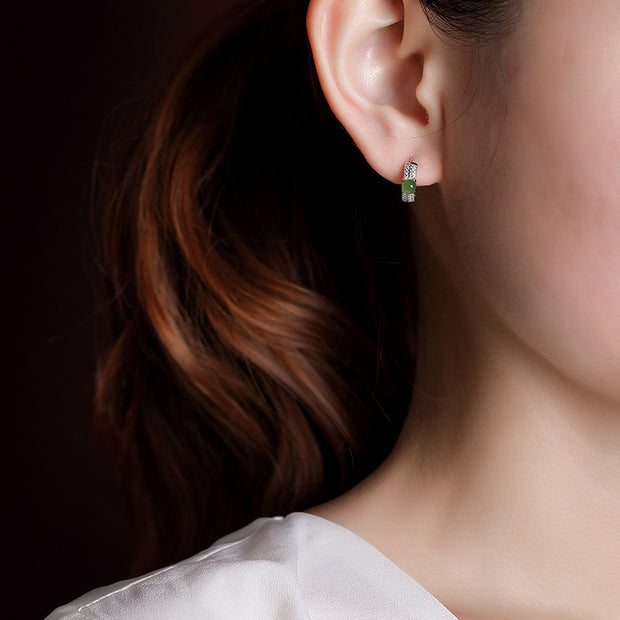 Buddha Stones 925 Sterling Silver Round Cyan Jade Success Stud Earrings Earrings BS 2