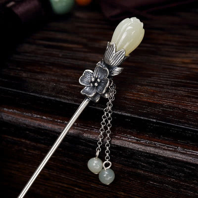 Buddha Stones White Jade Magnolia Flower Blessing Bead Charm Hairpin Hairpin BS White Jade ( Protection ♥ Happiness)