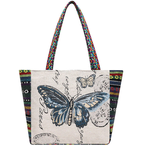 Buddha Stones Elephant Butterfly Embroidered Large Capacity Canvas Tote Bag Shoulder Bag