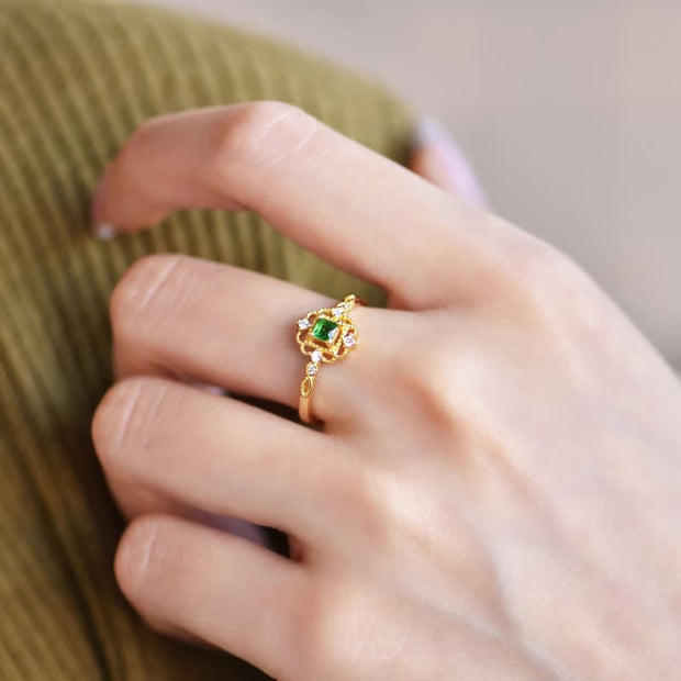 925 Sterling Silver Green Emerald Stone Blessing Luck Adjustable Ring