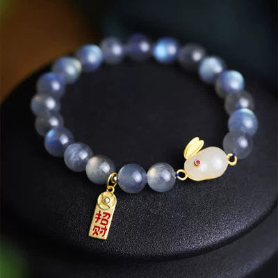 Buddha Stones 925 Sterling Silver Year of the Rabbit Moonstone Hetian White Jade Fortune Bunny Love Bracelet Bracelet BS Moonstone(Love♥Calm)