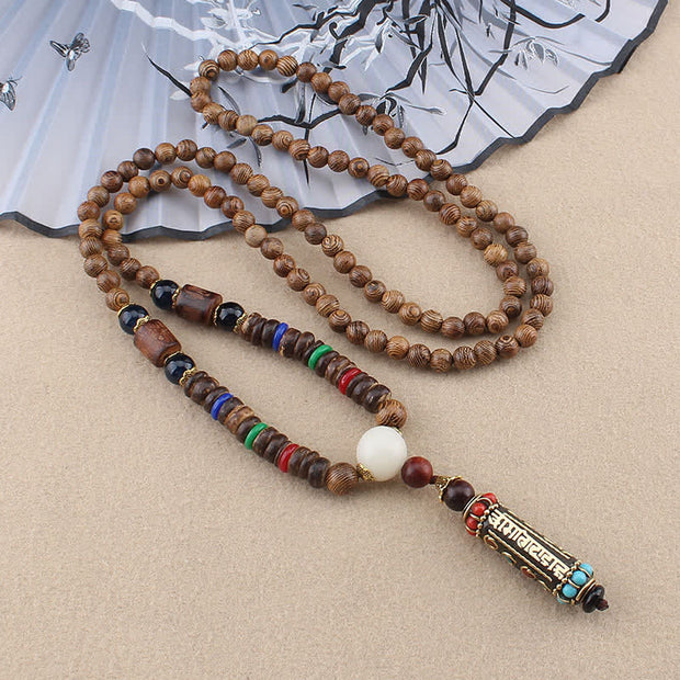 Buddha Stones Tibetan Om Mani Padme Hum Dzi Bead Wenge Wood Necklace Pendant Necklaces & Pendants BS Om Mani Padme Hum Wood Bead Chain