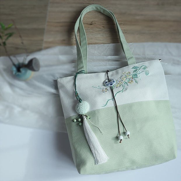 Buddha Stones Pear Flower Plum Peach Blossom Bamboo Embroidery Canvas Large Capacity Shoulder Bag Tote Bag Bag BS Green White Flower