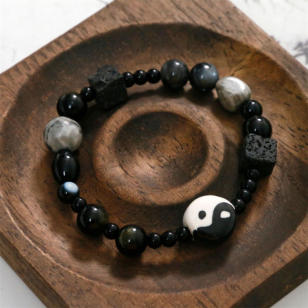 Buddha Stones Black Onyx Picasso Jasper Bead Yin Yang Fortune Protection Bracelet Bracelet BS 8