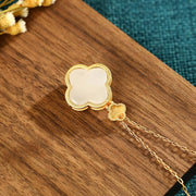 Buddha Stones 24K Gold Plated White Jade Four Leaf Clover Plum Blossom Luck Necklace Pendant Earrings Necklaces & Pendants BS 3