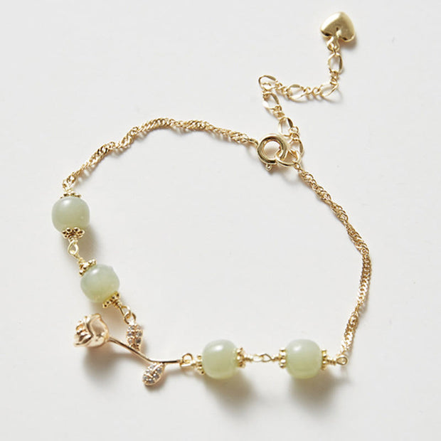 Buddha Stones 14K Gold Plated Hetian Jade Golden Rose Flower Luck Chain Bracelet Bracelet BS 2