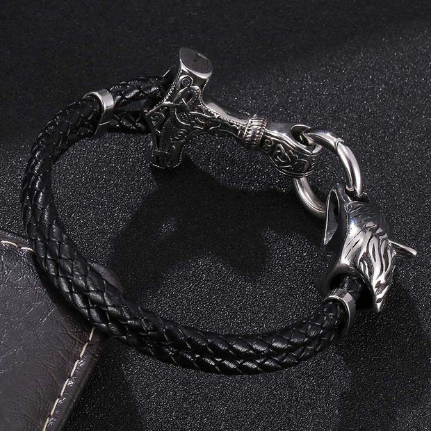 Buddha Stones Wolf Head Titanium Steel Leather Weave Blessing Bracelet Bracelet BS 4