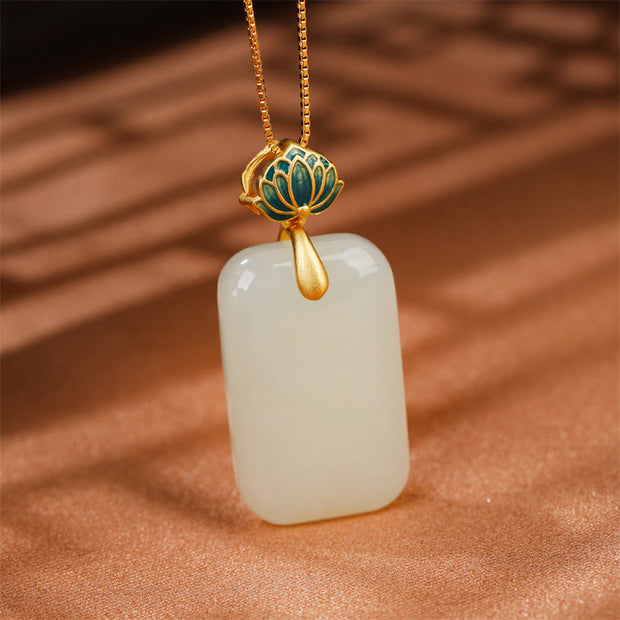 Buddha Stones 925 Sterling Silver Plated Gold Natural Square Hetian Jade Lotus Flower Prosperity Necklace Pendant Necklaces & Pendants BS 3