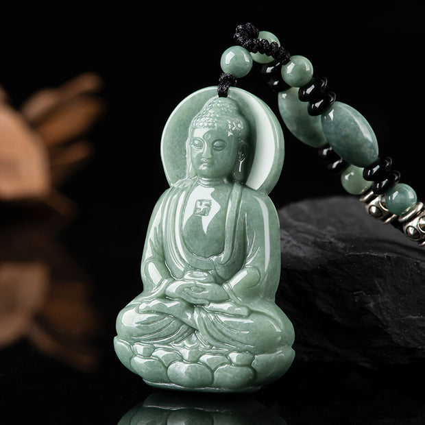 Buddha Stones Amitabha Buddha Jade Amulet Compassion String Necklace Necklaces & Pendants BS 4